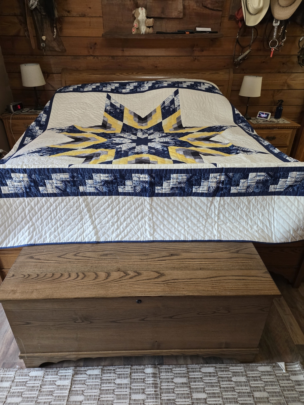 White, Navy and Yellow Star Quilt - Elegant Bedspread
